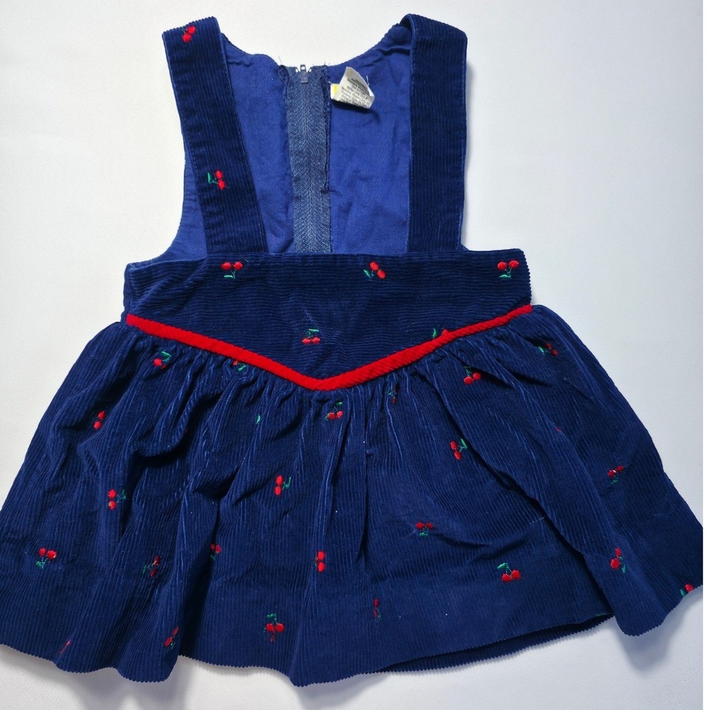Vintage Blue Corduroy Cherry Embroidered Jumper Dress Toddler 2T Cotton Retro